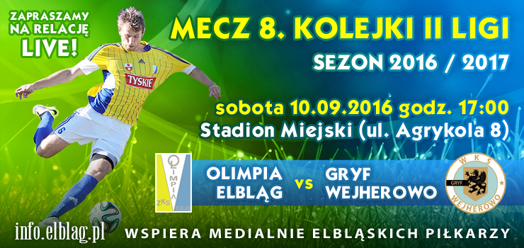 Kolejne II-ligowe spotkanie przy Agrykola. Olimpia Elbląg - Gryf Wejherowo LIVE