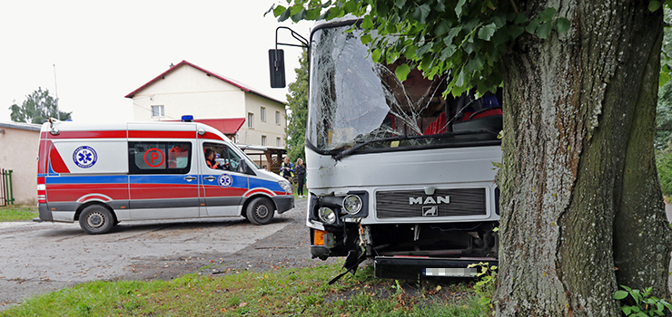 Autobus przewocy dzieci uderzy w drzewo. Dwie osoby odwiezione do szpitala