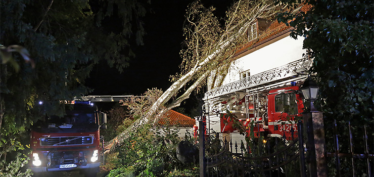 Silny wiatr przewrci drzewo na dom przy ul. Kociuszki