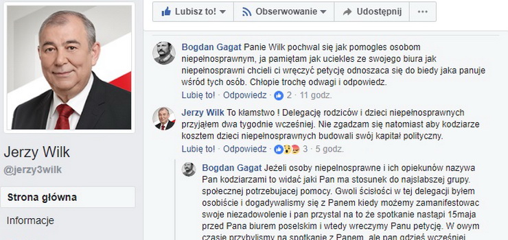 Oberwało się posłowi Wilkowi. Poszło o protest osób niepełnosprawnych