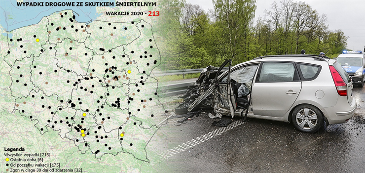 POLICYJNA MAPA WYPADKW DROGOWYCH ZE SKUTKIEM MIERTELNYM - WAKACJE 2020