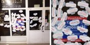 Biura politykw PiS oklejone podpaskami