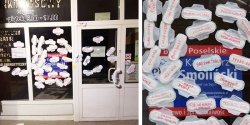 Biura politykw PiS oklejone podpaskami