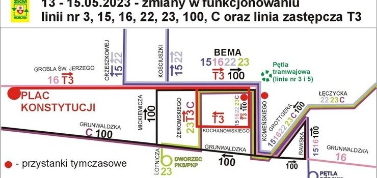 Uwaga: objazdy i komunikacja zastpcza za tramwaje