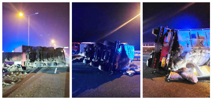 Odpięła się naczepa z ciężarówki. Na drogę S7 wysypał się siarczan sodu