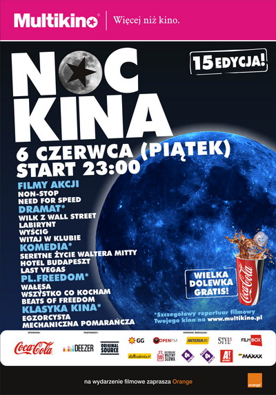 Ju 6 czerwca  jubileuszowa  15. edycja Nocy Kina w kinach sieci Multikino!