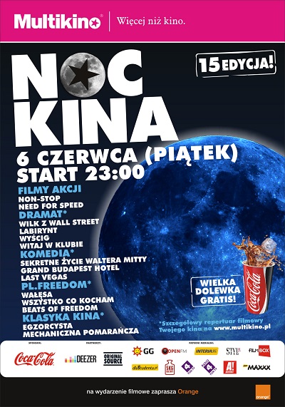  Ju 6 czerwca  jubileuszowa  15. edycja Nocy Kina  w kinach sieci Multikino!