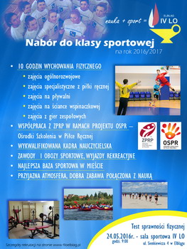 IV LO w Elblgu ogasza nabr do klasy sportowej na rok szkolny 2016/2017