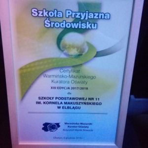 SP 11 z certyfikatem "Szkoy Przyjaznej rodowisku"