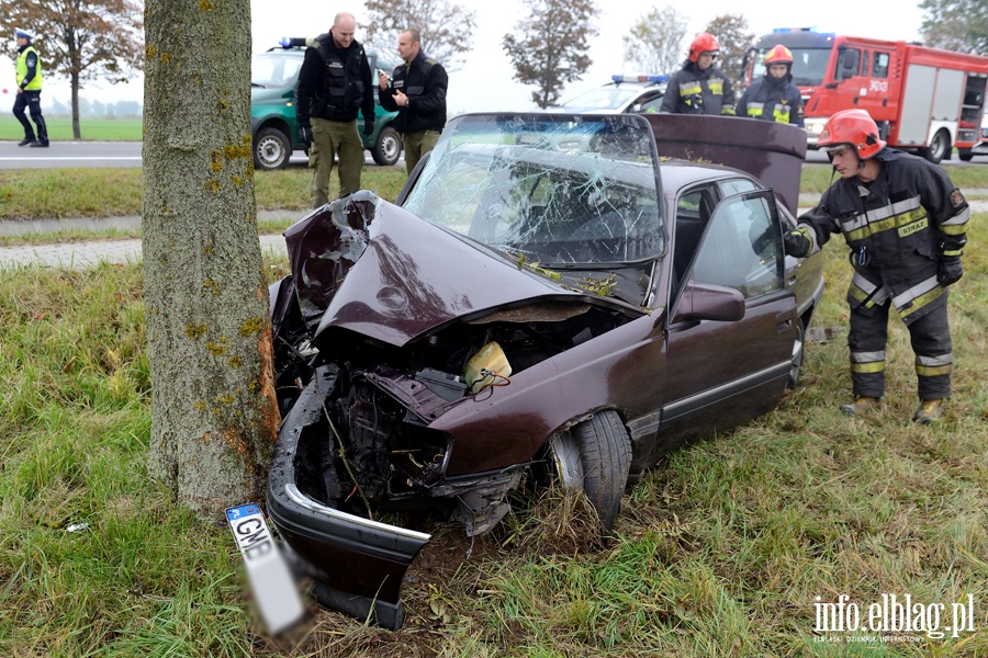 Wypadek w Kazimierzowie. Ranny kierowca przewieziony do szpitala po uderzeniu autem w drzewo, fot. 10