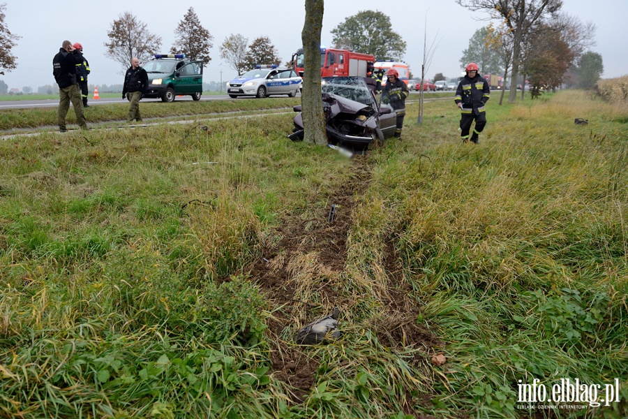 Wypadek w Kazimierzowie. Ranny kierowca przewieziony do szpitala po uderzeniu autem w drzewo, fot. 11
