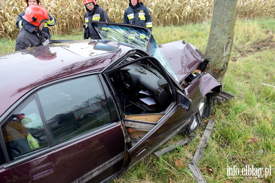 Wypadek w Kazimierzowie. Ranny kierowca przewieziony do szpitala po uderzeniu autem w drzewo, fot. 14