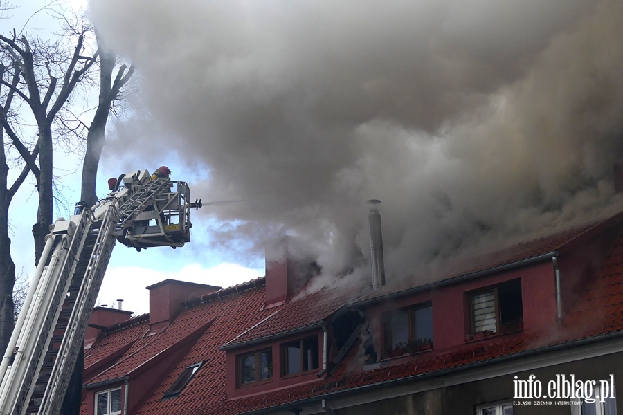 Poar dachu i poddasza budynku mieszkalnego przy Sadowej. W akcji kilkudziesiciu straakw, fot. 28