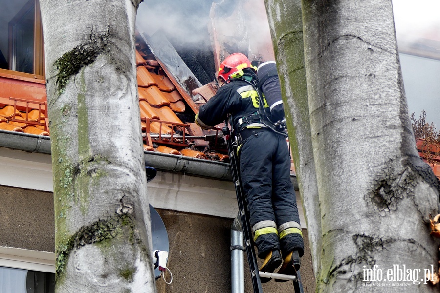 Poar dachu i poddasza budynku mieszkalnego przy Sadowej. W akcji kilkudziesiciu straakw, fot. 44